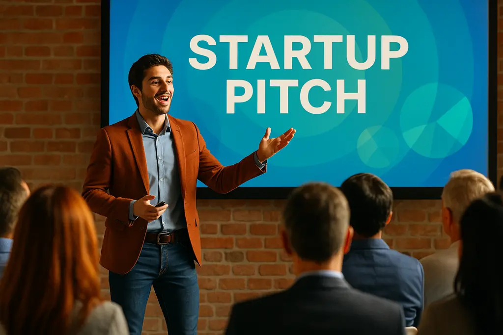 스타트업 피칭 발표 모습: 청중을 향해 열정적으로 발표하는 창업가