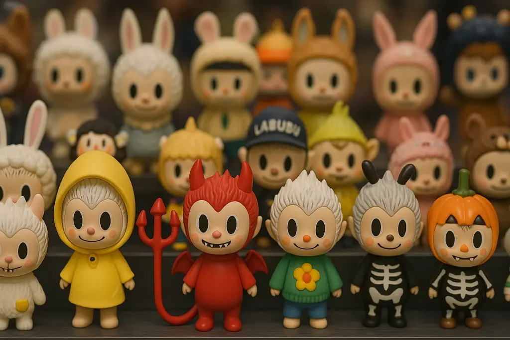 여러 복장을 한 라부부 피규어들이 전시된 생생한 장면