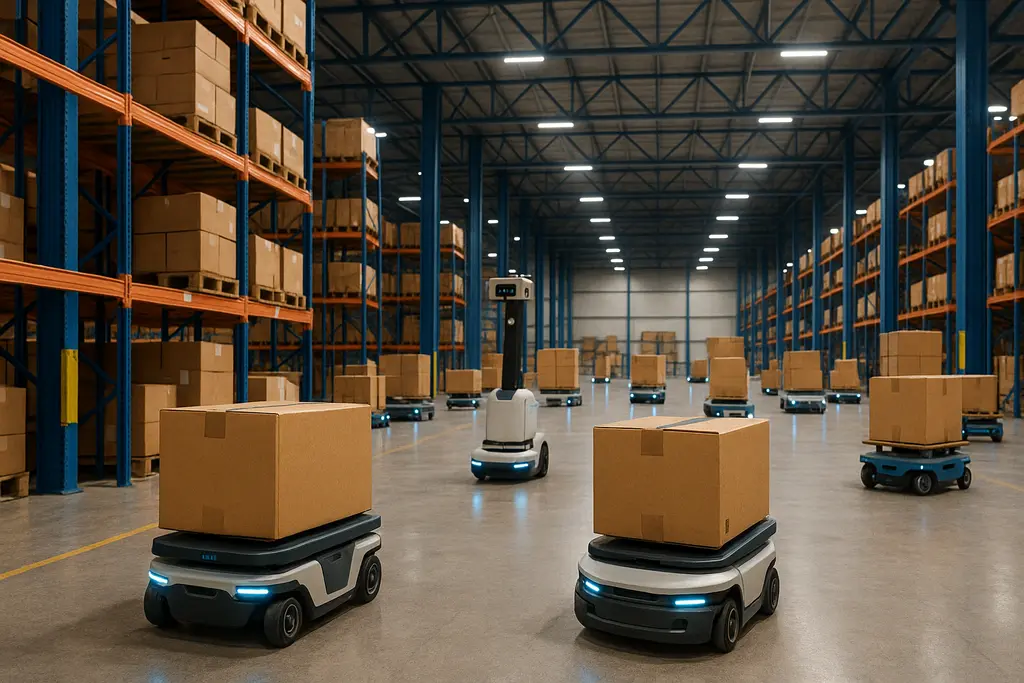 물류 창고에서 산업용 로봇들이 작업하는 모습