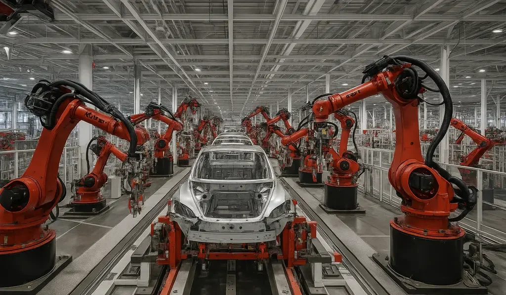 테슬라의 기가팩토리 내부, 로봇들이 효율적으로 자동차를 생산하는 모습