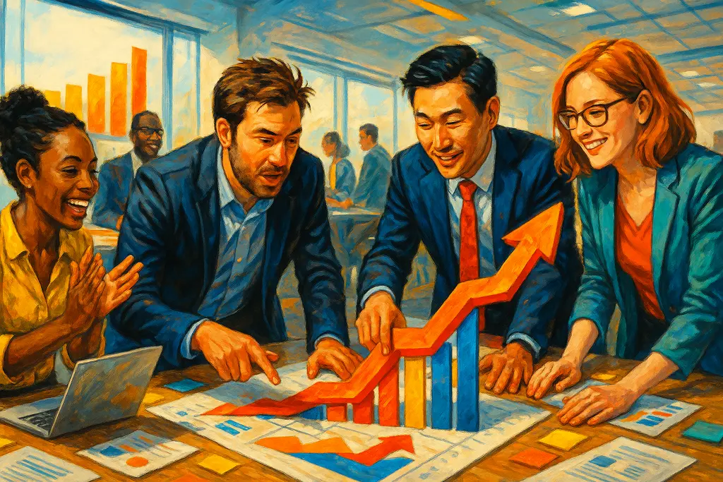 혁신적인 성장을 이루는 기업의 역동적인 모습, 다양한 인종의 팀원들이 함께 협력하는 모습