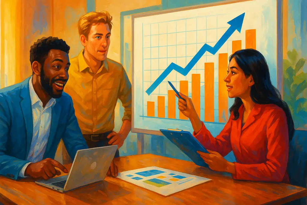 기업의 성장을 이끄는 다양한 인종의 전문가들이 성장 그래프를 중심으로 토론하는 모습