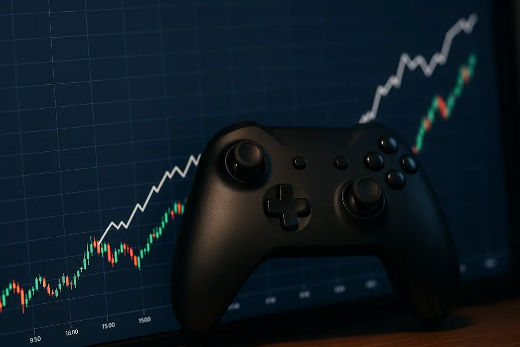 게임 산업 투자 기회를 상징하는 주식 차트와 컨트롤러