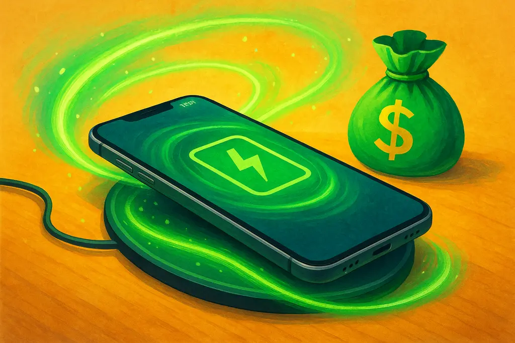 Qi2 무선 충전의 효율성과 경제적 이점을 나타내는 시각화