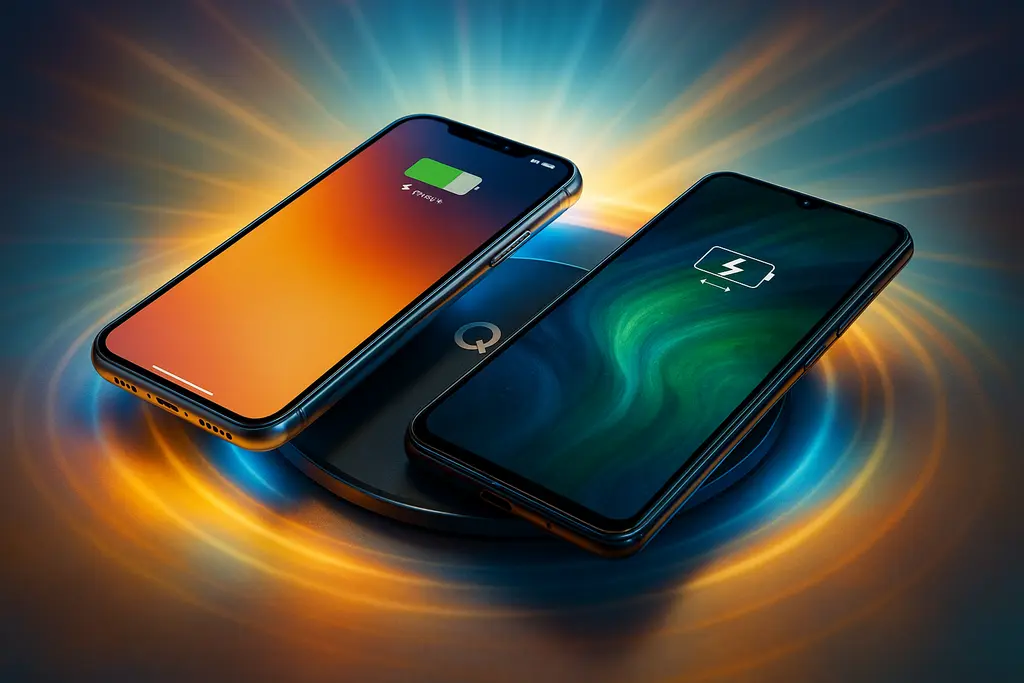 Qi2 무선 충전 패드 위 아이폰과 안드로이드폰이 함께 충전되는 모습