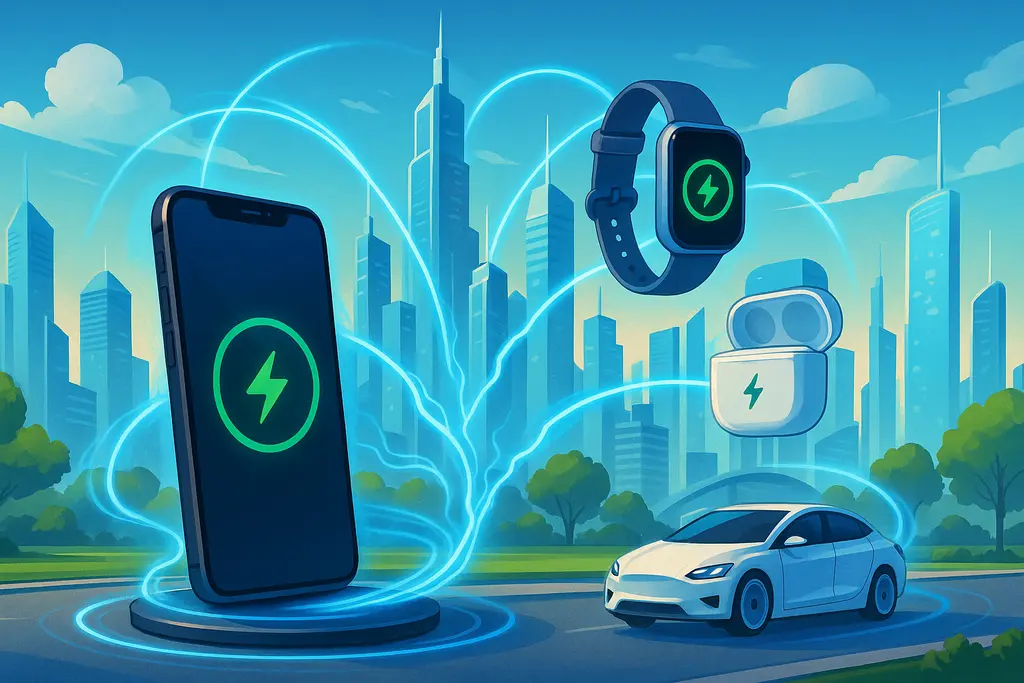 미래 도시에서 Qi2 표준으로 무선 충전되는 다양한 스마트 기기들