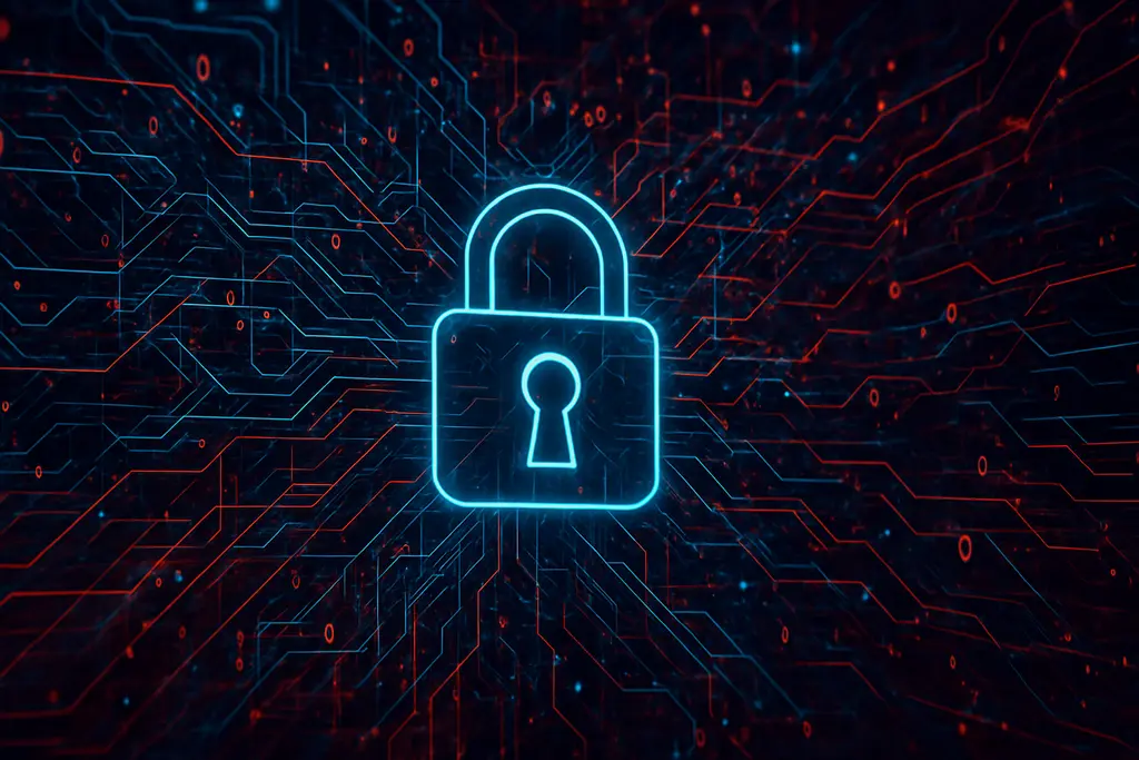 혼란스러운 데이터 흐름 속 사이버 보안 위협을 상징하는 자물쇠