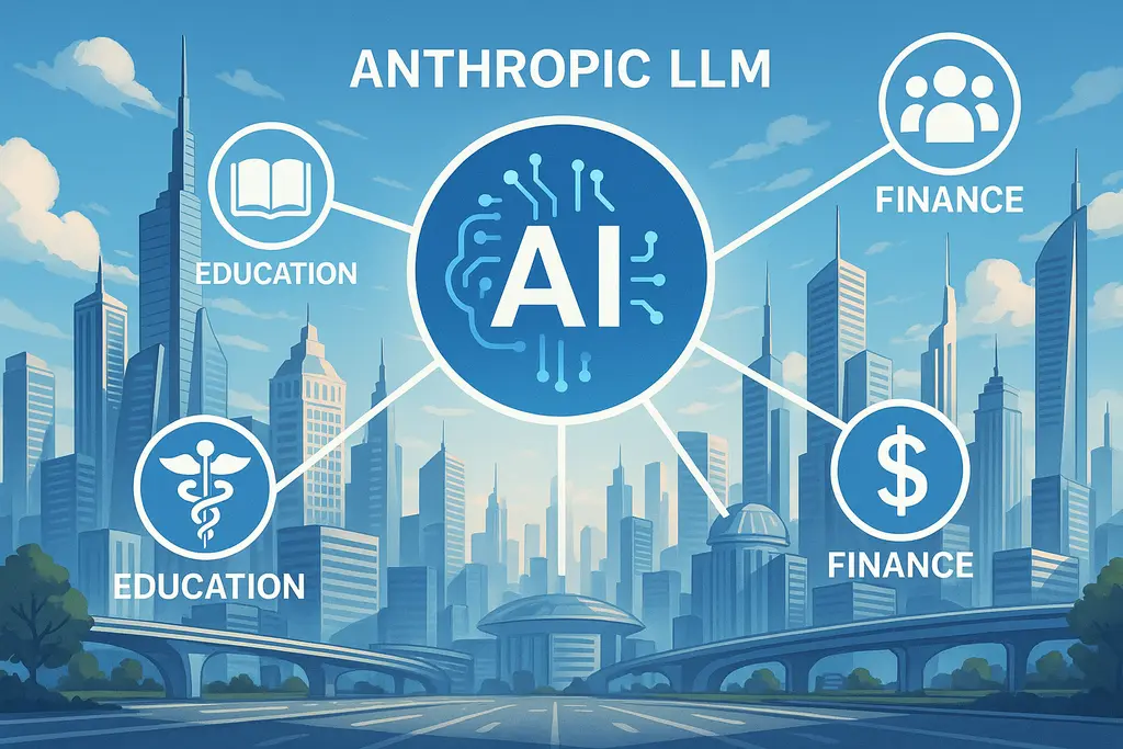 앤트로픽 LLM 기술이 사회와 산업에 미치는 미래 영향력을 보여주는 이미지