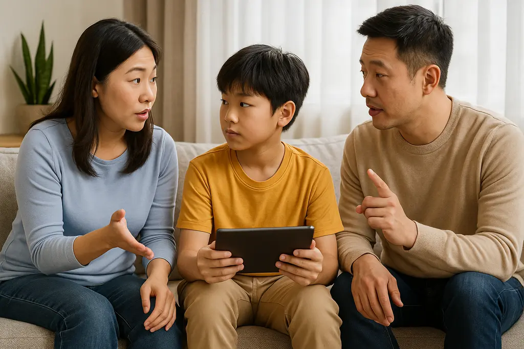 디지털 기기 사용 규칙에 대해 이야기하는 부모와 자녀