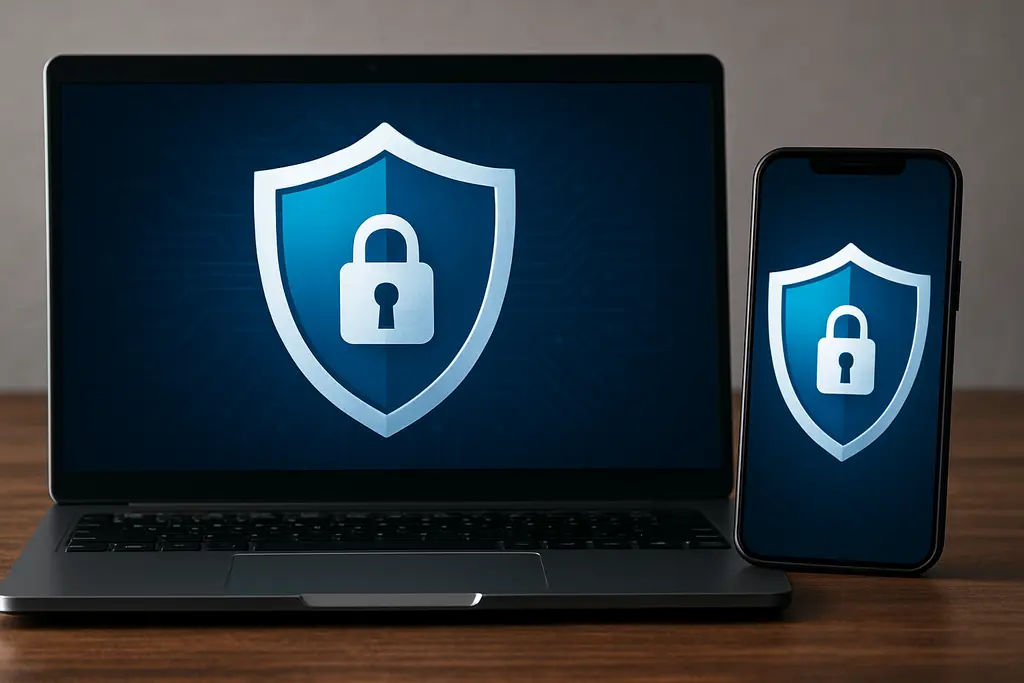 개인 사용자가 디지털 기기를 보호하기 위한 보안 실천을 상징하는 방패 아이콘
