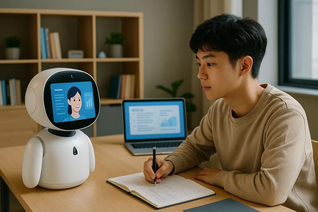 개인 맞춤형 학습 환경에서 AI 튜터와 소통하는 학생의 모습