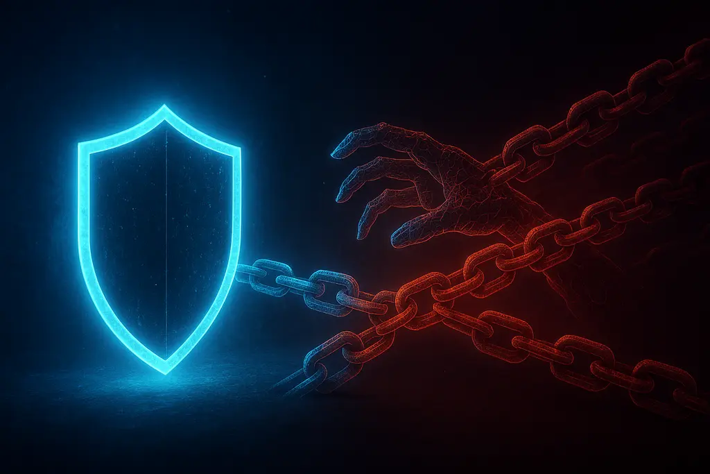 오픈 소스 공급망 공격의 사슬처럼 연결된 위협을 시각화한 이미지