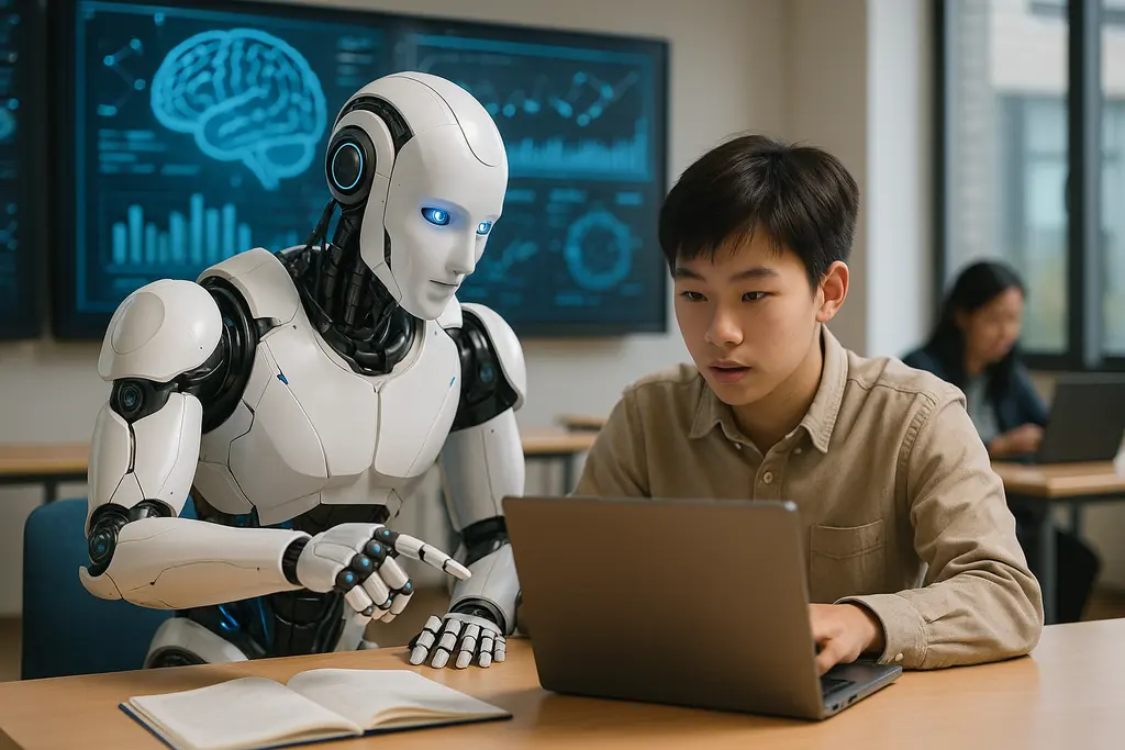 미래 교실에서 AI와 인간이 함께 학습하며 시너지를 내는 모습