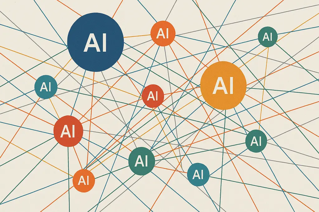 AI 모델 시장의 복잡한 경쟁 구도를 보여주는 추상적인 이미지