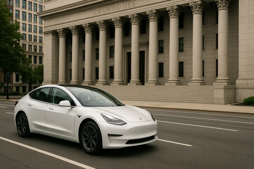 테슬라 오토파일럿 재판 결과가 자율주행 기술의 미래에 미치는 영향을 상징하는 이미지