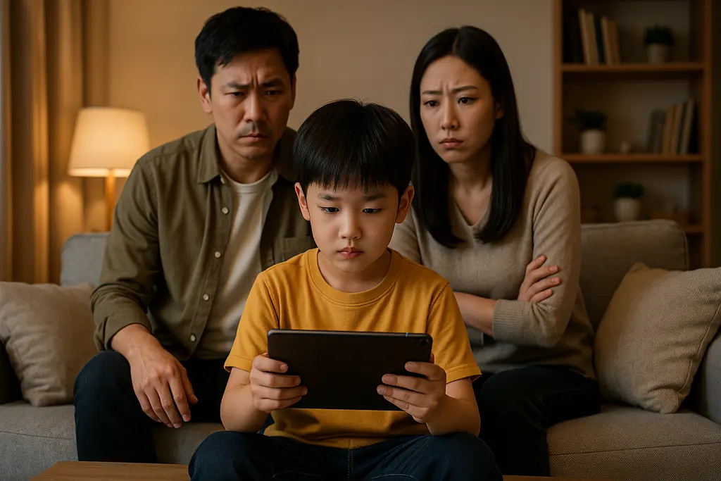 온라인 활동을 지켜보는 부모와 아이