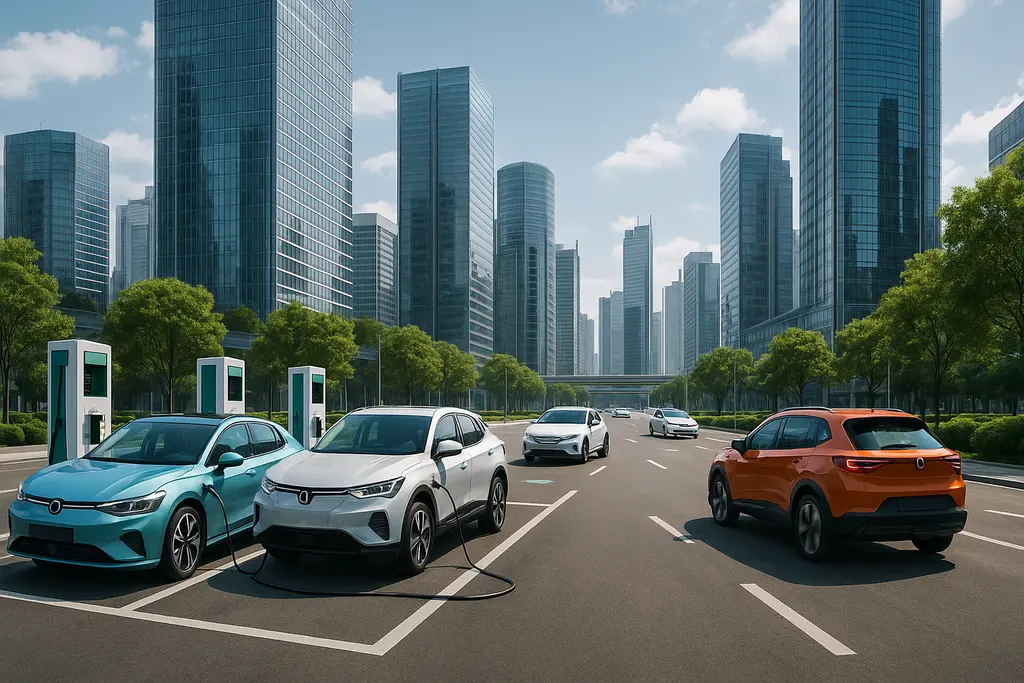 친환경 미래 모빌리티와 전기차 충전 인프라가 구축된 도시 풍경