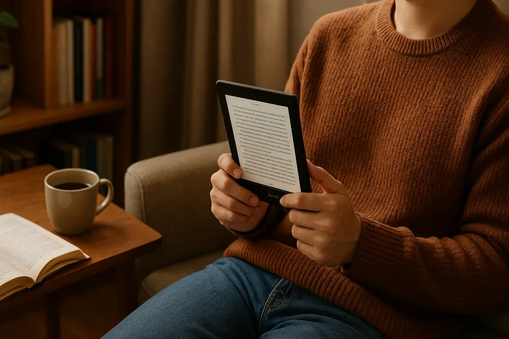 킨들로 편안하게 독서하는 모습