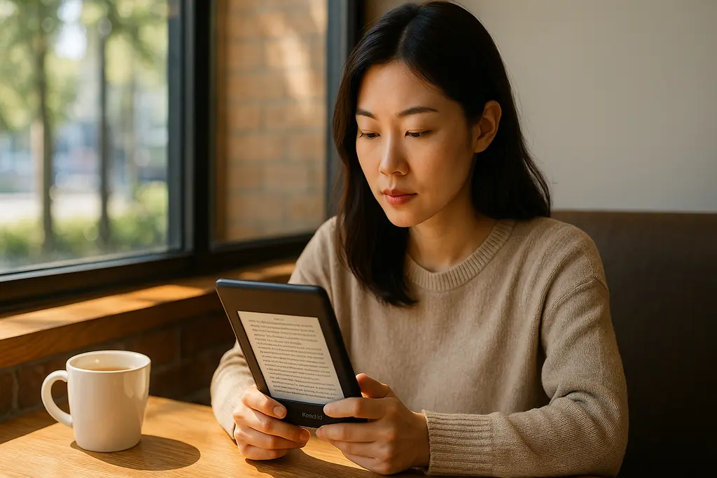 카페에서 킨들로 독서 중인 30대 여성