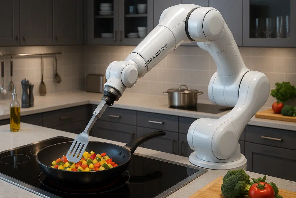 셰프 로보틱스의 자동화 시스템으로 로봇 팔이 음식을 조리하는 주방 모습