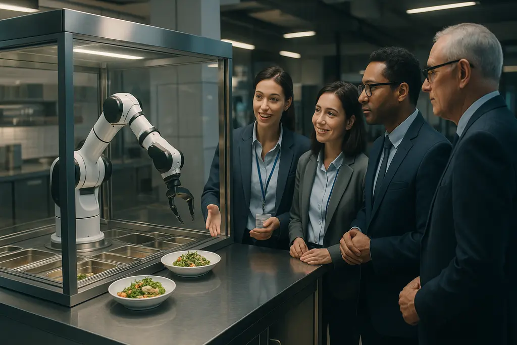 푸드테크 스타트업 관계자들이 투자 유치를 위해 로봇 자동화 시스템을 시연하는 장면