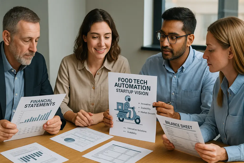 푸드테크 스타트업에 투자하기 위해 사업 계획과 재무 상태를 검토하는 투자자들