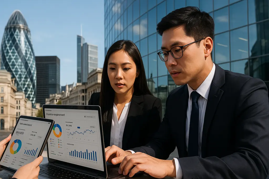 유럽 금융 지구에서 지출 관리 대시보드를 검토하는 직장인들