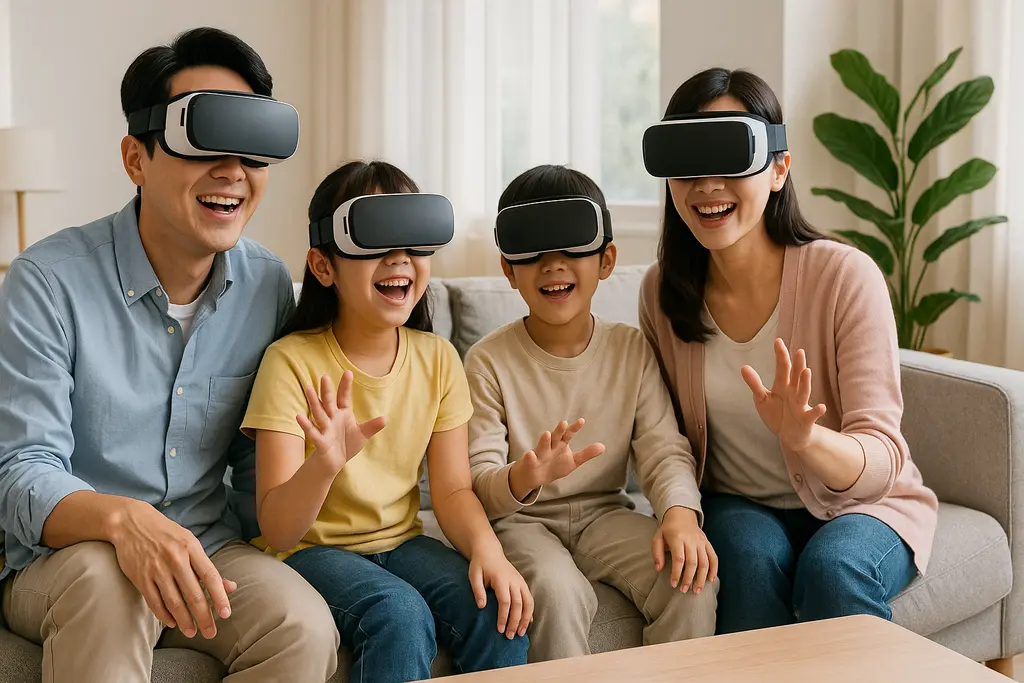 가족이 VR로 가상 여행을 즐기는 장면