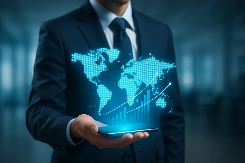 새로운 기술과 투자 기회를 탐색하는 전문가의 손에 들린 빛나는 홀로그램 지도