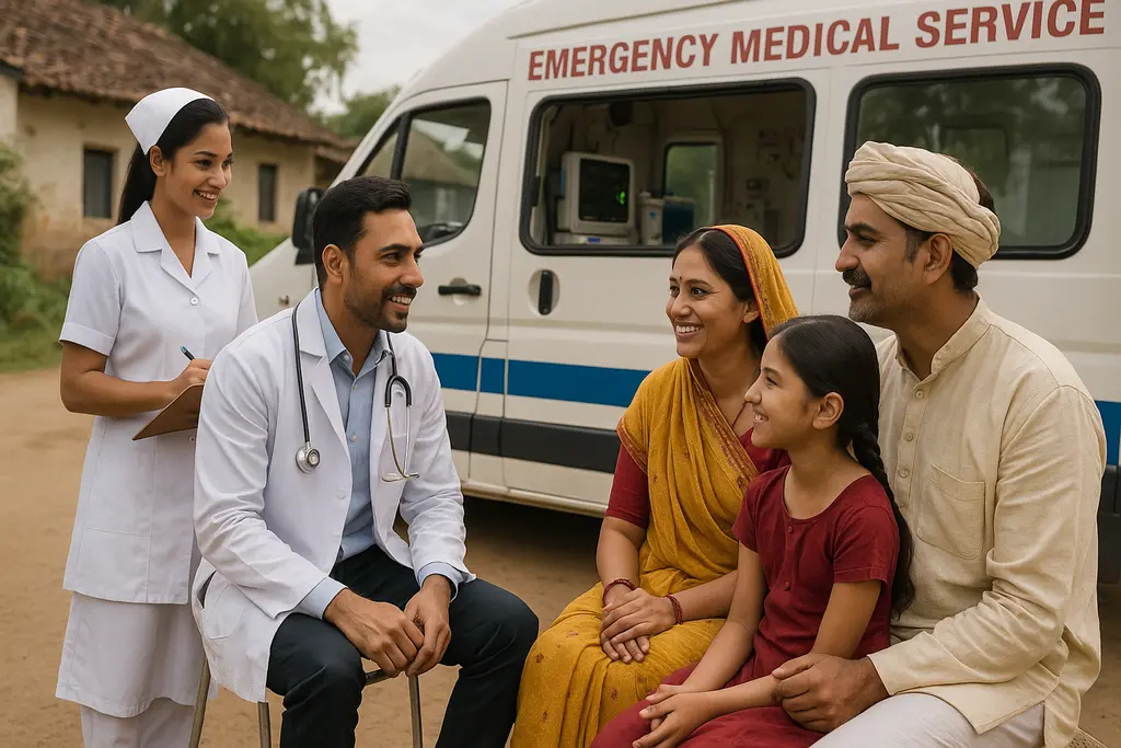 인도 농촌에서 이동 진료를 받는 가족
