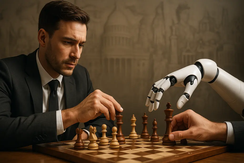 AI와 인간의 공존을 상징하는 체스판 위 손과 복잡한 사회 구조