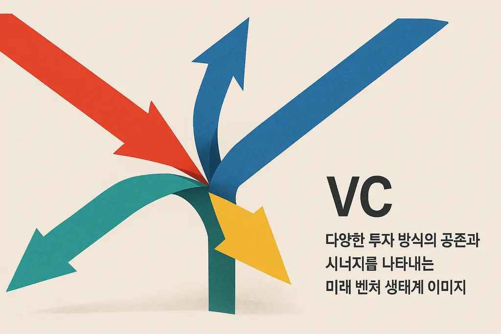 다양한 투자 방식의 공존과 시너지를 나타내는 미래 벤처 생태계 이미지