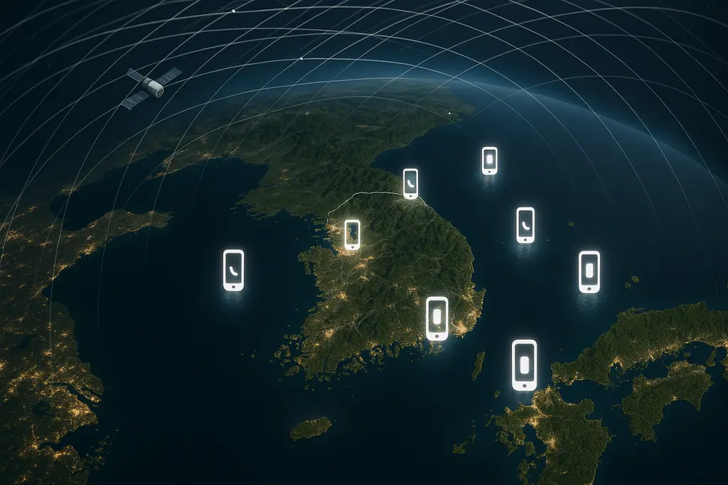 한국에서의 LEO 위성 인터넷·Direct-to-Cell 커버리지 개념도