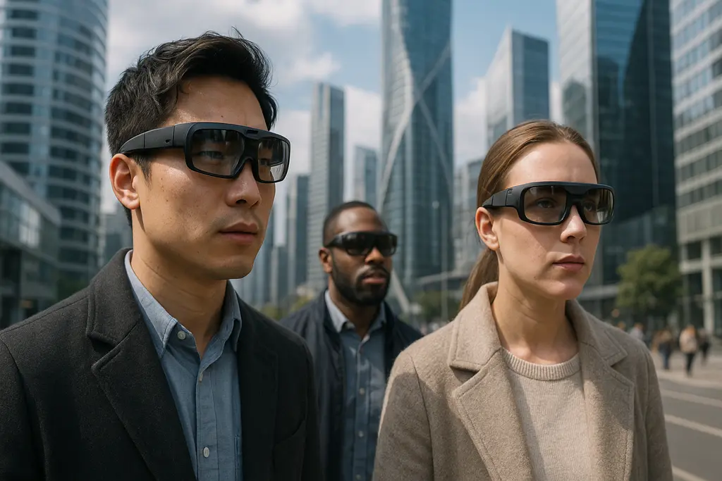AR 스마트 안경을 착용한 미래 도시 직장인들
