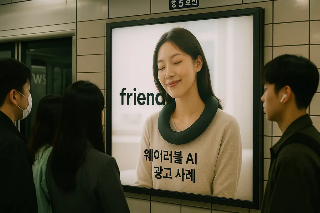 서울 지하철에서 Friend 웨어러블 AI 광고를 바라보는 시민들