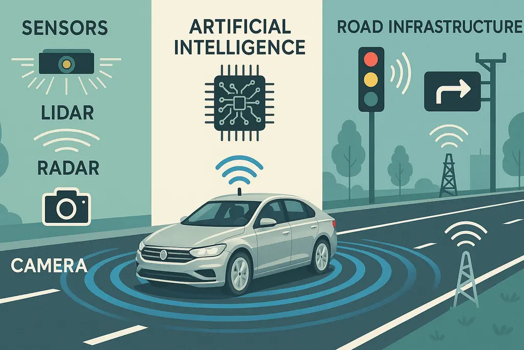 자율주행 기술을 센서·AI·도로 인프라로 설명한 다이어그램